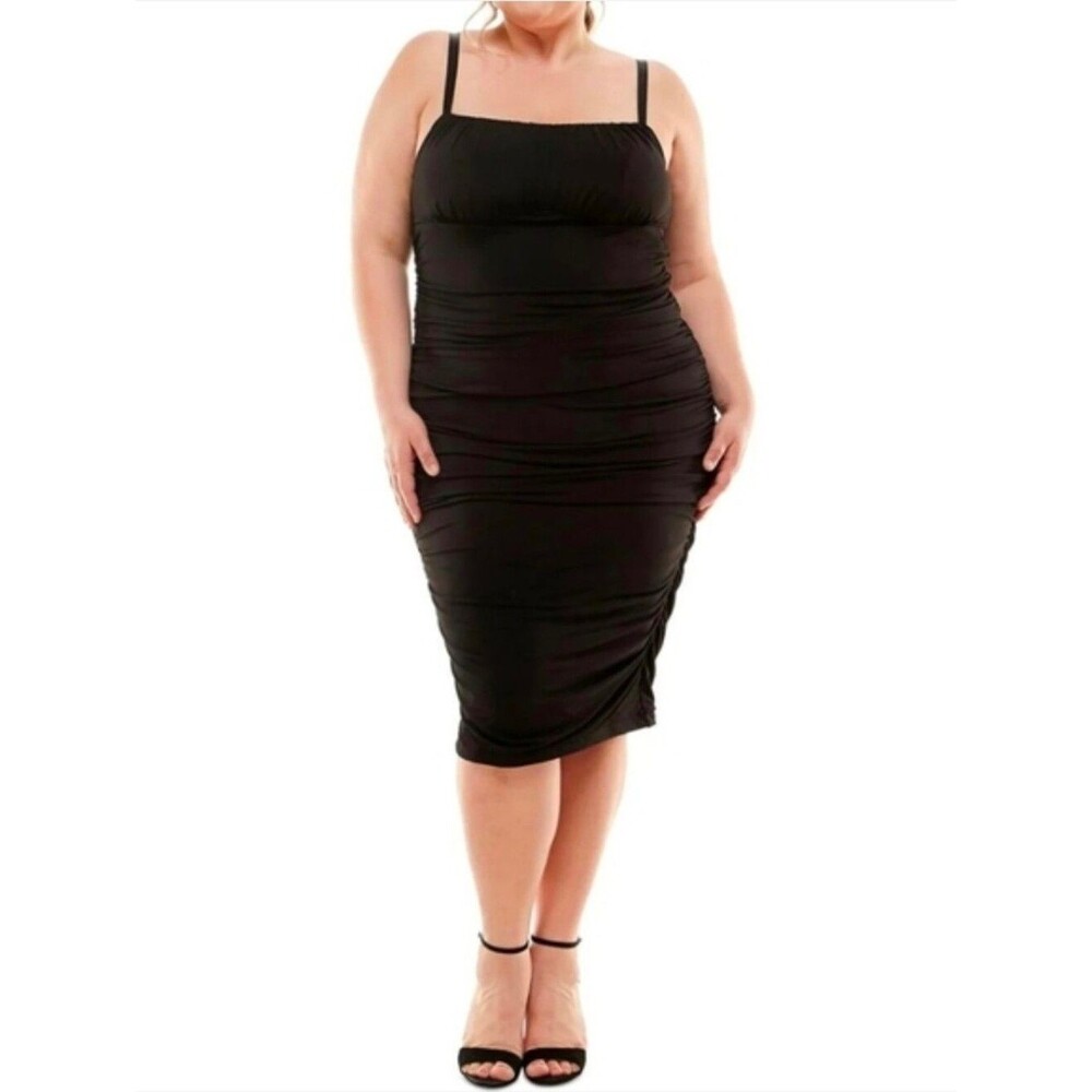 NWT Emerald Sundae 20W Black Midi Ruched Bodycon Sexy Event Party Dress Bm-3041